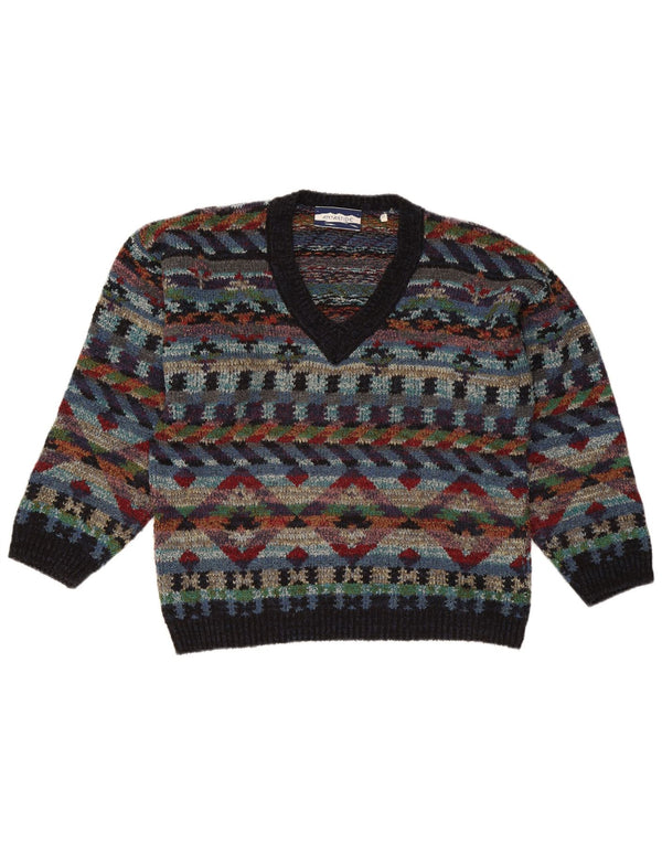 Vintage Mens V-Neck Jumper Sweater Medium Multicoloured Geometric Wool