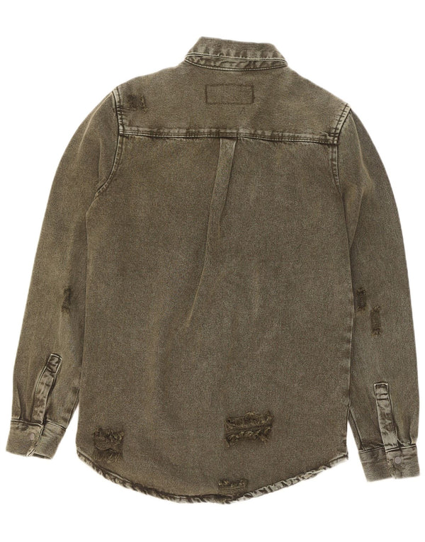 Zara Mens Distressed Relaxed Fit Denim Shirt Small Khaki Cotton