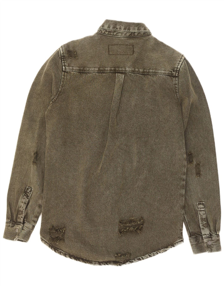 Zara Mens Distressed Relaxed Fit Denim Shirt Small Khaki Cotton