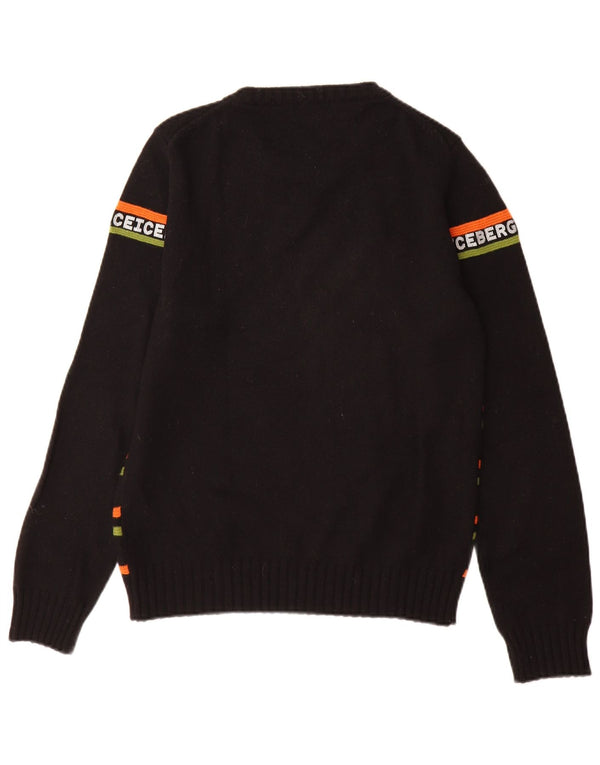 Iceberg Mens Graphic Crew Neck Jumper Sweater Small Black Striped Wool