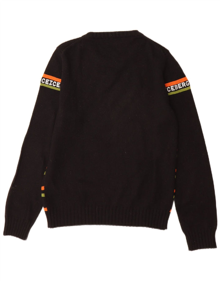 Iceberg Mens Graphic Crew Neck Jumper Sweater Small Black Striped Wool