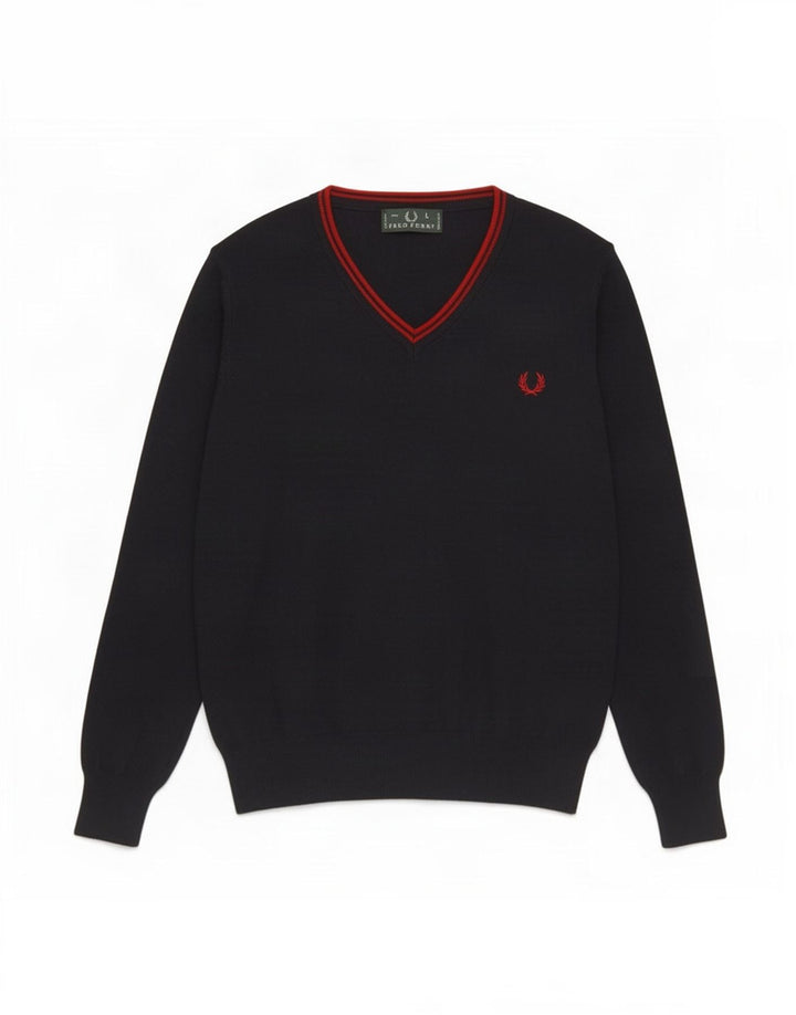 Fred Perry Mens V-Neck Jumper Sweater Large Navy Blue Wool