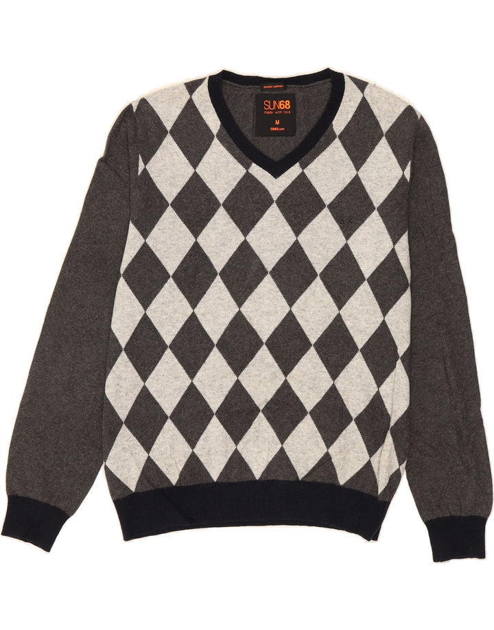SUN68 Mens V-Neck Jumper Sweater Medium Grey Argyle/Diamond Cotton Vintage Sun68 and Second-Hand Sun68 from Messina Hembry 