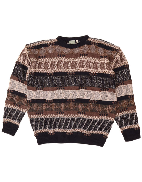 Vintage Mens Crew Neck Jumper Sweater 2XL Brown Striped Acrylic