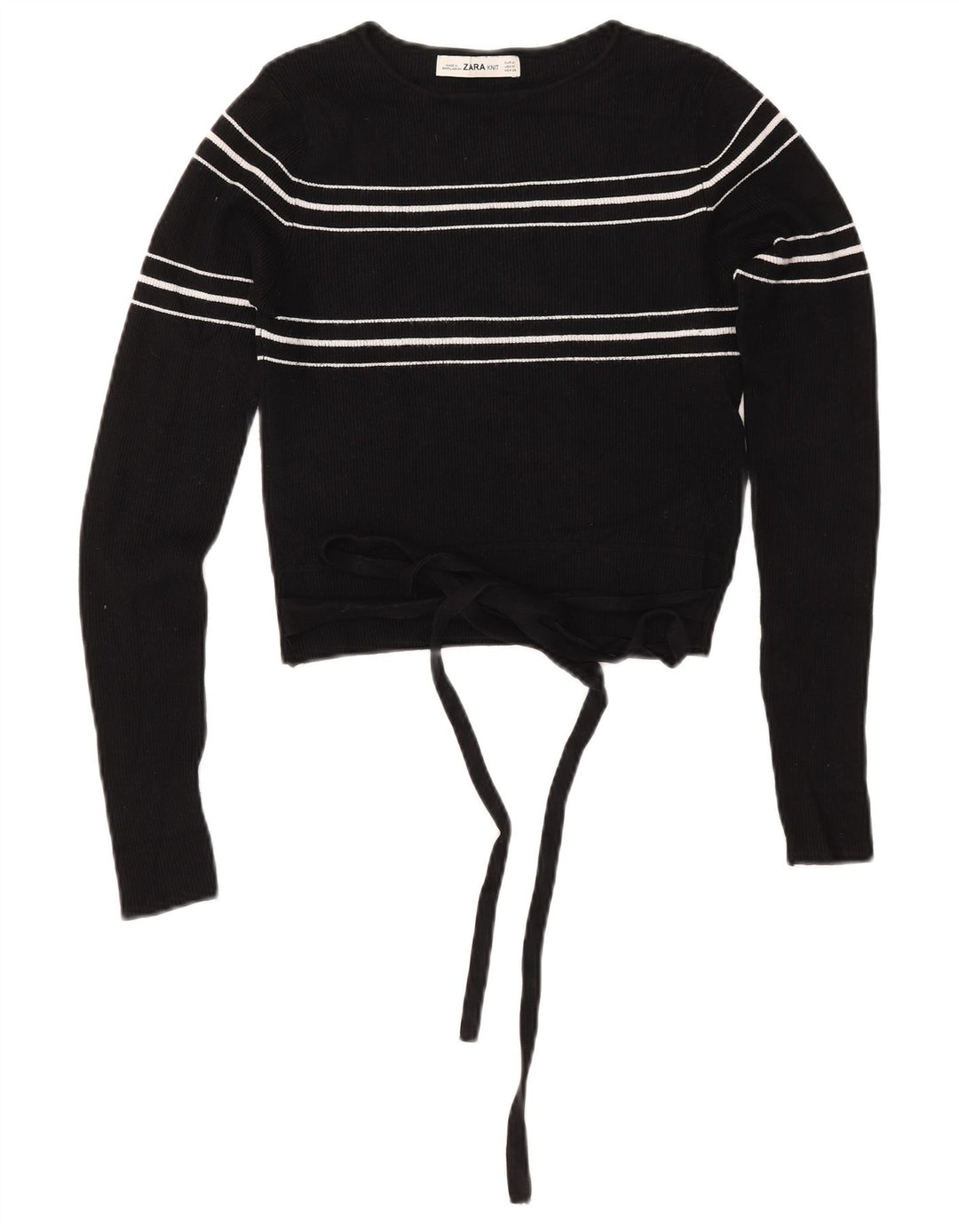 ZARA Womens Crop Boat Neck Jumper Sweater UK 12 Medium Black Striped