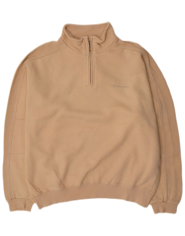 Champion Mens Zip Neck Sweatshirt Jumper XL Beige Cotton