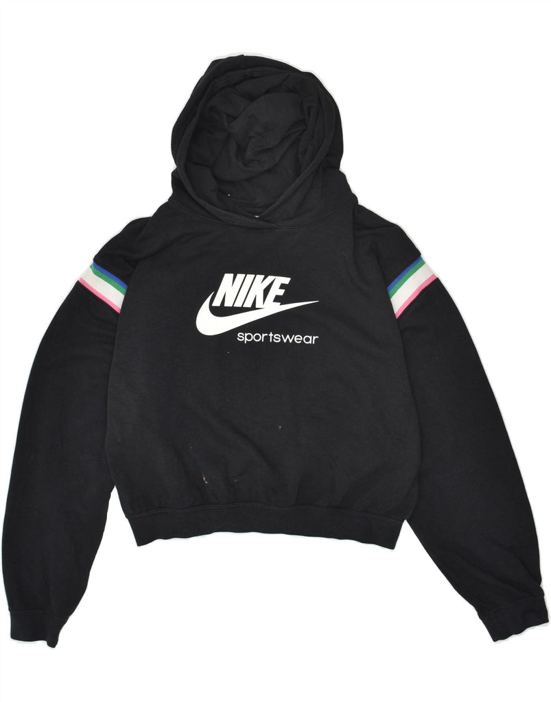 NIKE Womens Crop Graphic Hoodie Jumper UK 10 Small Black Cotton | Vintage Nike | Thrift | Second-Hand Nike | Used Clothing | Messina Hembry 