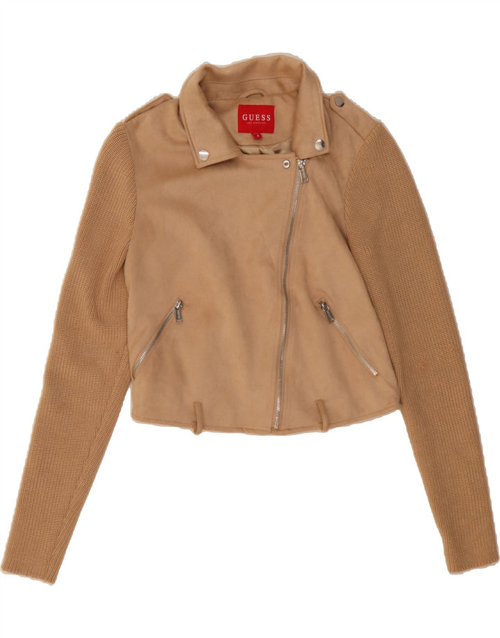 GUESS Womens Knit Crop Bomber Jacket UK 14 Medium Beige Polyester Vintage Guess and Second-Hand Guess from Messina Hembry 