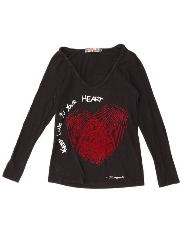 Desigual Womens Graphic Top Long Sleeve UK 14 Large Black Cotton Heart