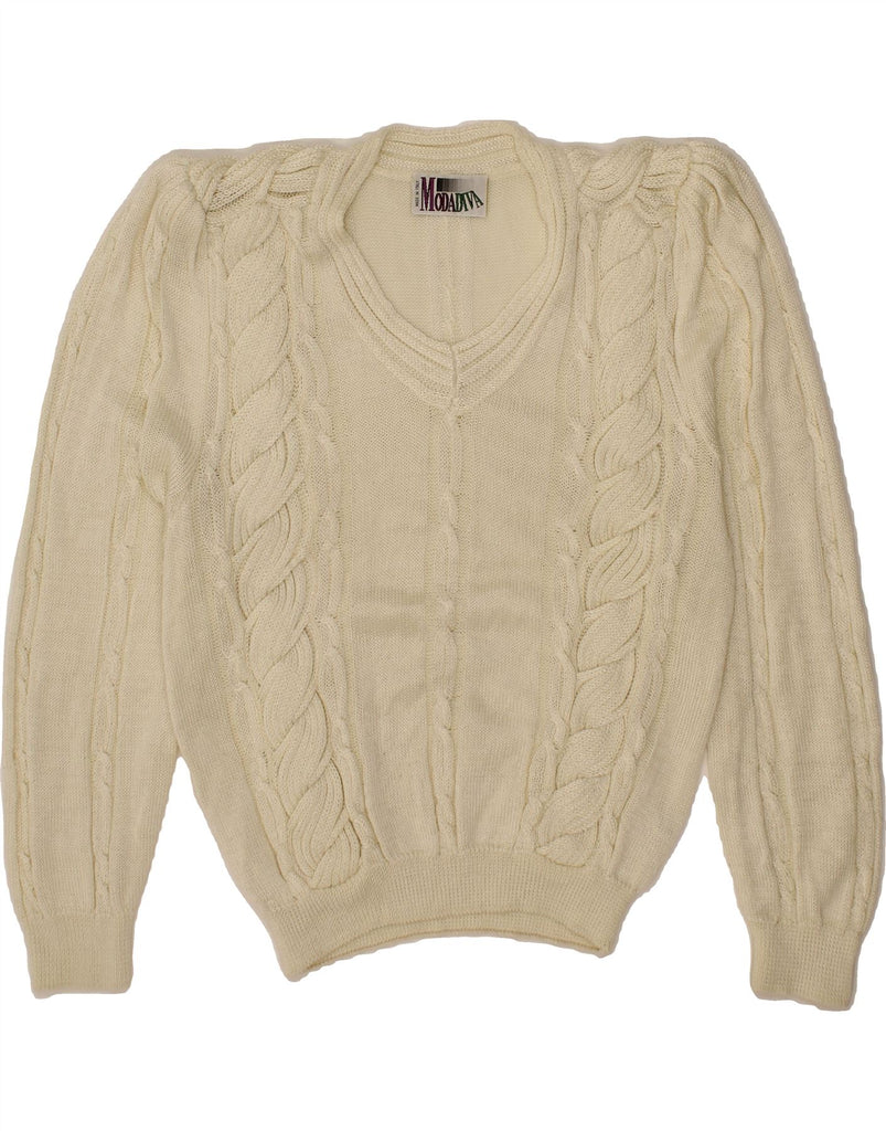 VINTAGE Womens V-Neck Jumper Sweater UK 14 Large White Cotton Vintage Vintage and Second-Hand Vintage from Messina Hembry 