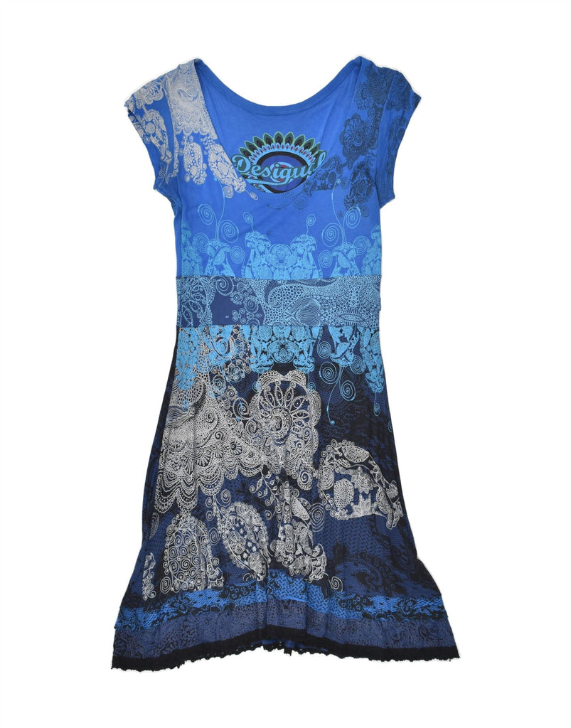 DESIGUAL Womens Graphic A-Line Dress UK 10 Small Blue Floral Viscose | Vintage Desigual | Thrift | Second-Hand Desigual | Used Clothing | Messina Hembry 