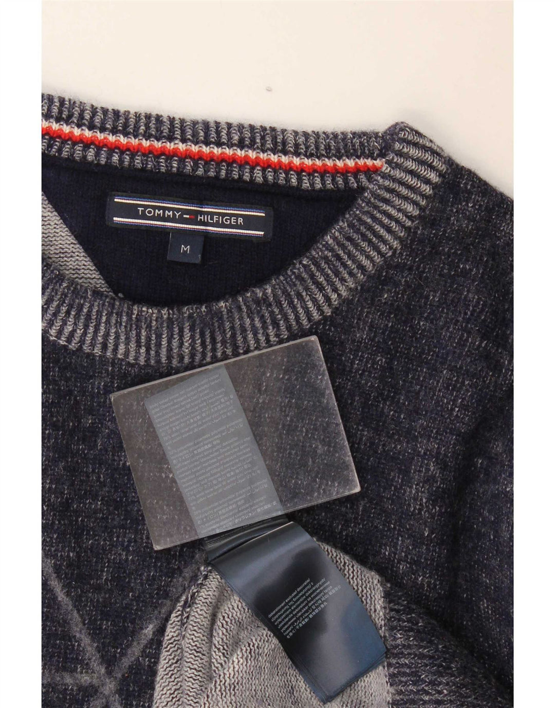 Tommy Hilfiger Mens Graphic Crew Neck Jumper Sweater Medium Navy Blue Wool