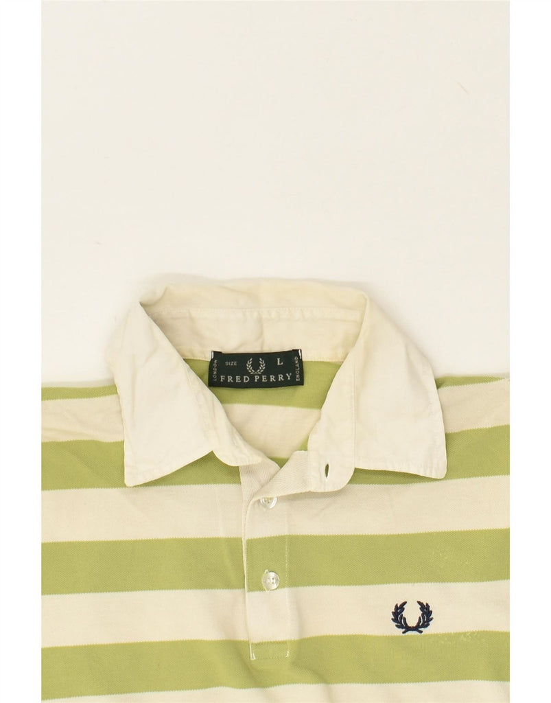 FRED PERRY Mens Polo Shirt Large Green Striped Cotton Vintage Fred Perry and Second-Hand Fred Perry from Messina Hembry 