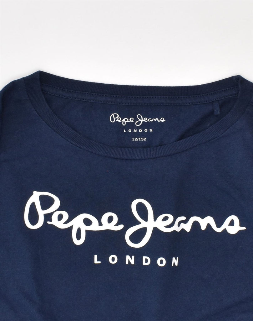 PEPE JEANS Girls Graphic Top Long Sleeve 11-12 Years Navy Blue Cotton | Vintage | Thrift | Second-Hand | Used Clothing | Messina Hembry 