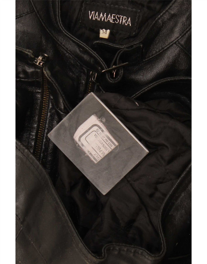 Viamaestra Womens Crop Leather Biker Jacket UK 12 Medium Black