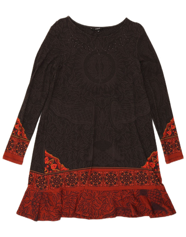 Desigual Womens Graphic Long Sleeve Tiered Dress UK 12 Medium Brown Floral