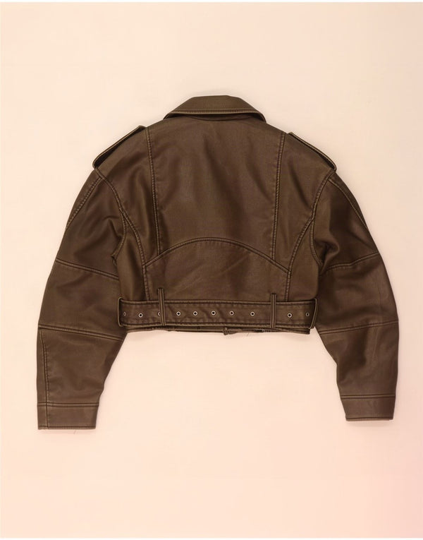 Zara Womens Crop Faux Leather Biker Jacket UK 10 Small Khaki Polyethylene