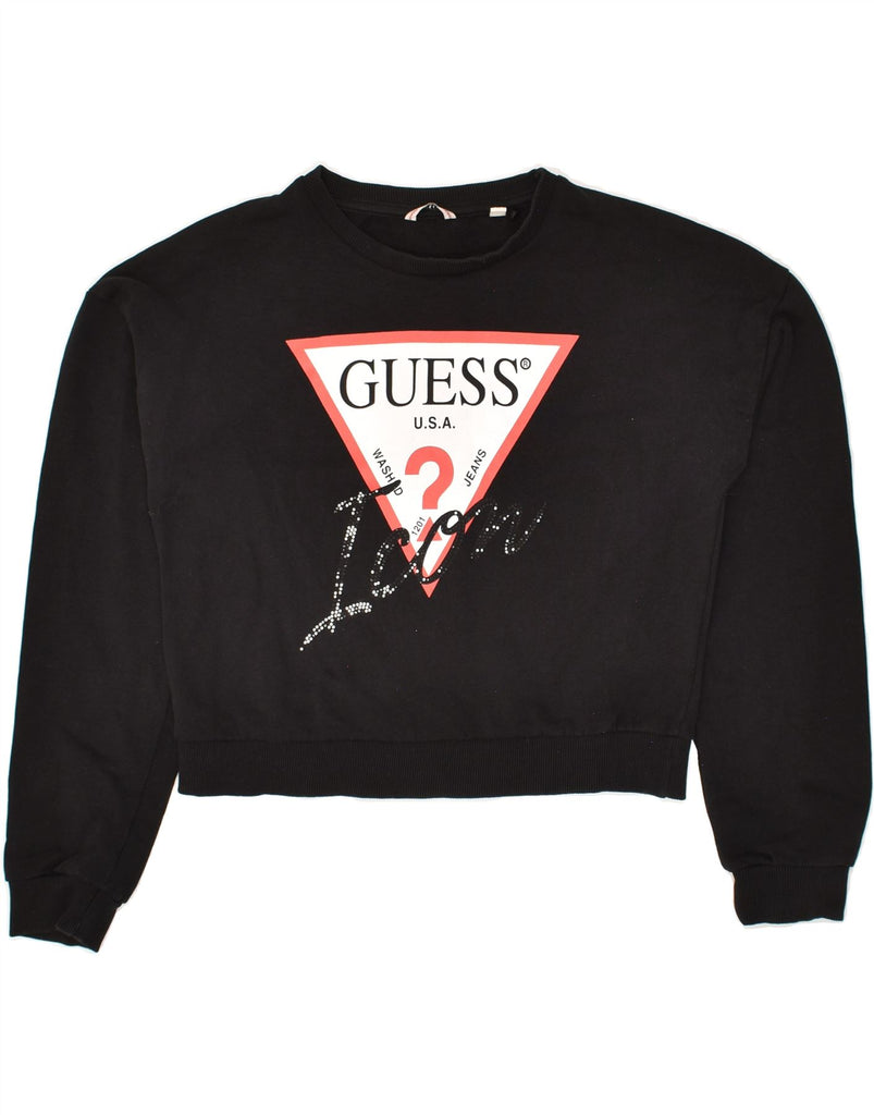 GUESS Girls Graphic Sweatshirt Jumper 13-14 Years Black Cotton | Vintage Guess | Thrift | Second-Hand Guess | Used Clothing | Messina Hembry 