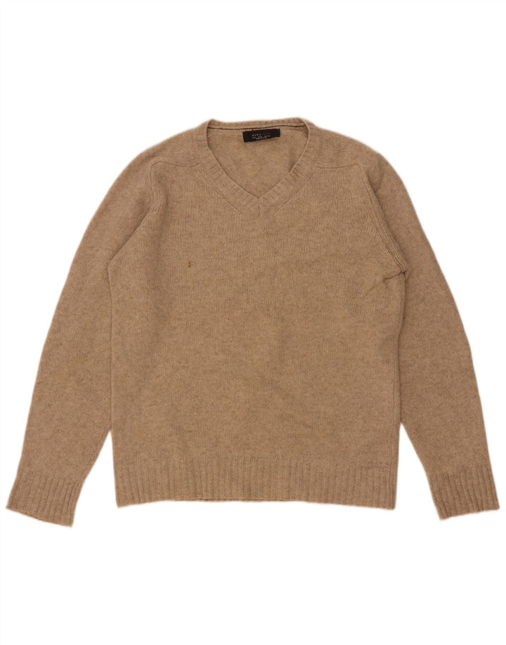Zara Mens V-Neck Jumper Sweater Large Beige Wool