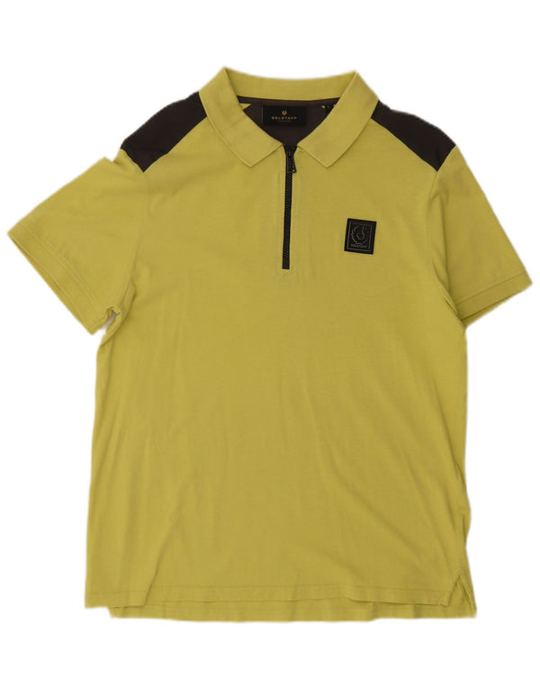 Belstaff Mens Zip Neck Polo Shirt Large Green Colourblock Cotton
