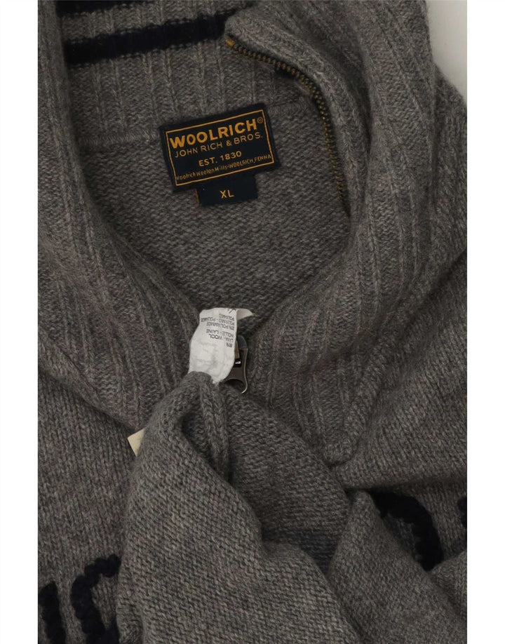 Woolrich Mens Graphic Zip Neck Jumper Sweater XL Grey Wool