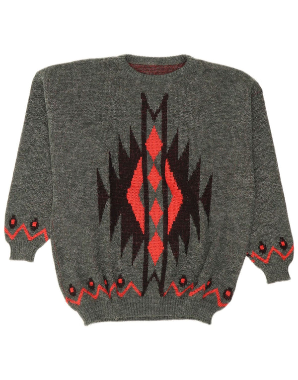 Vintage Mens Crew Neck Jumper Sweater Large Grey Geometric Polyacrylic