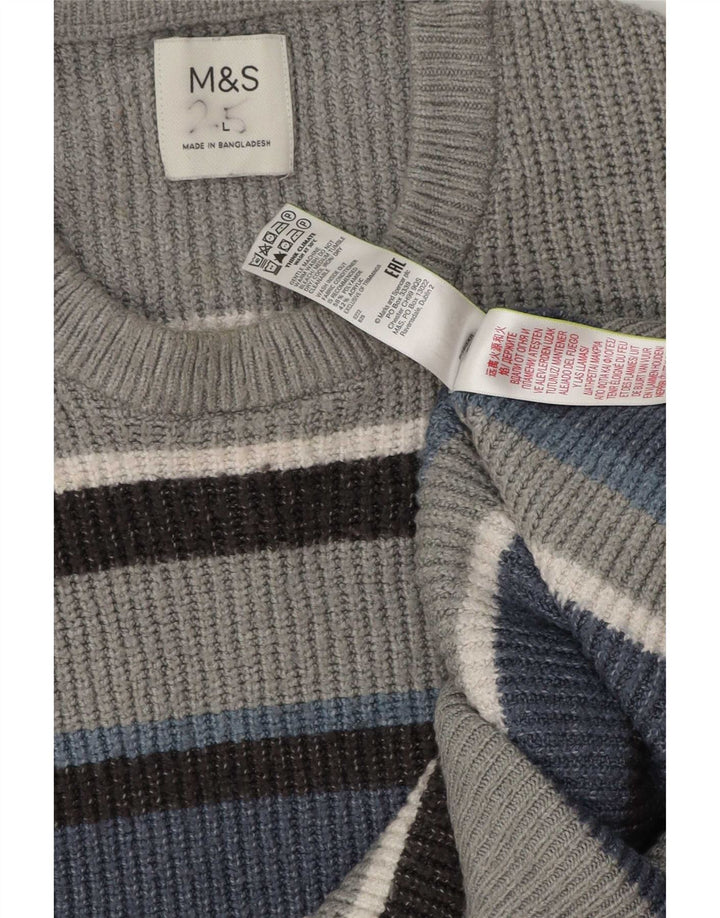Marks & Spencer Mens Crew Neck Jumper Sweater Large Grey Striped Polyamide