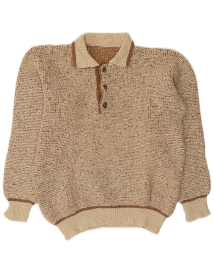 Vintage Mens Polo Neck Jumper Sweater Medium Beige Flecked Alpaca Wool