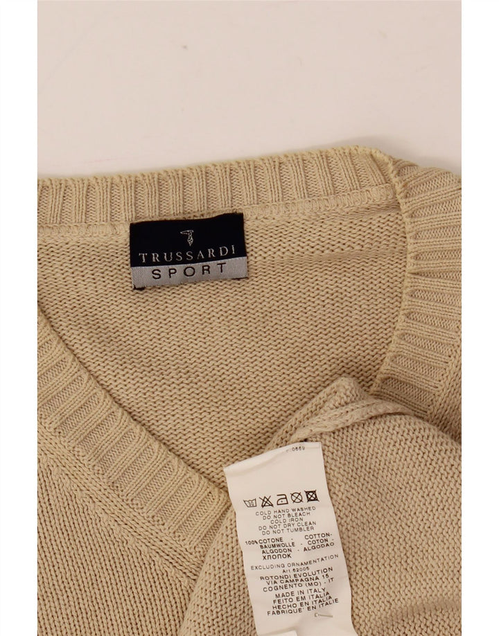 Trussardi Mens V-Neck Jumper Sweater Large Beige Cotton