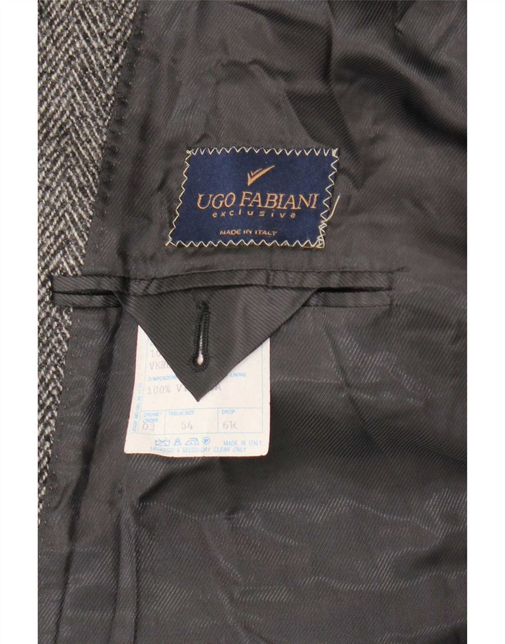 Vintage Mens Overcoat IT 54 2XL Grey Herringbone Virgin Wool