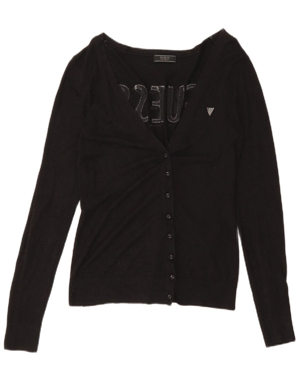 Guess Womens Graphic Cardigan Sweater UK 8 Small Black Viscose