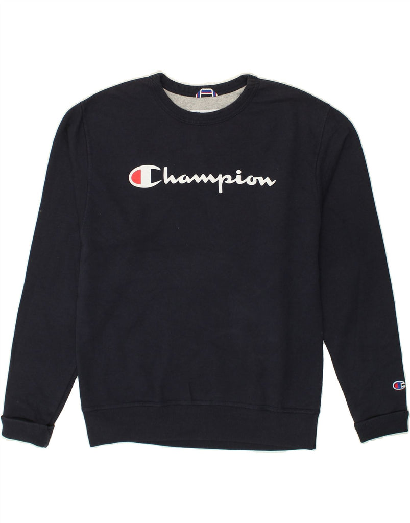 CHAMPION Mens Graphic Sweatshirt Jumper Medium Navy Blue Cotton | Vintage Champion | Thrift | Second-Hand Champion | Used Clothing | Messina Hembry 