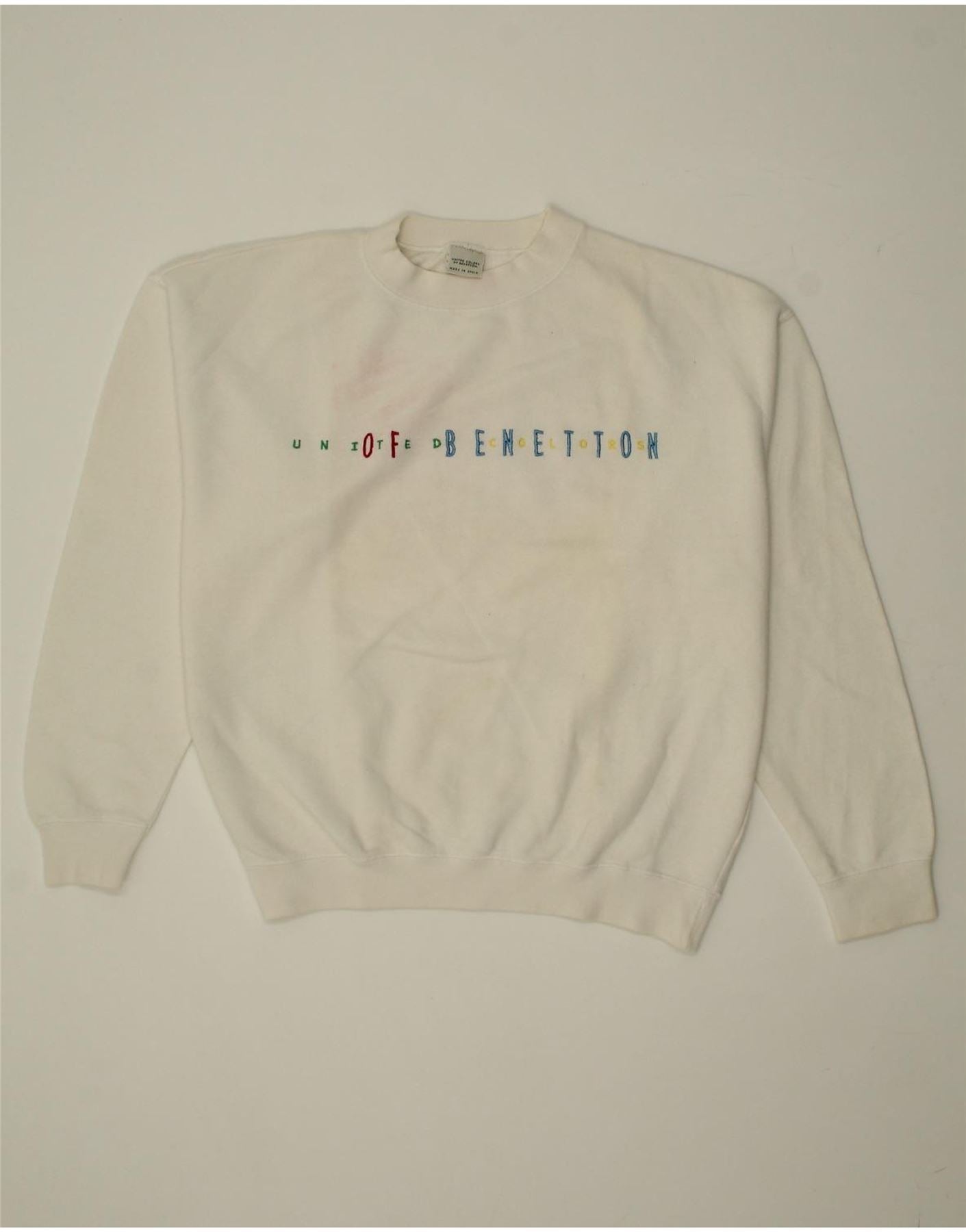 BENETTON Womens Oversized Graphic Sweatshirt Jumper UK 14 Large Off White