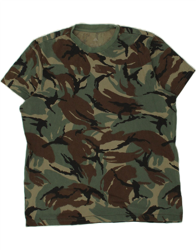 ADIDAS Womens T-Shirt Top UK 14 Large Khaki Camouflage Cotton | Vintage Adidas | Thrift | Second-Hand Adidas | Used Clothing | Messina Hembry 