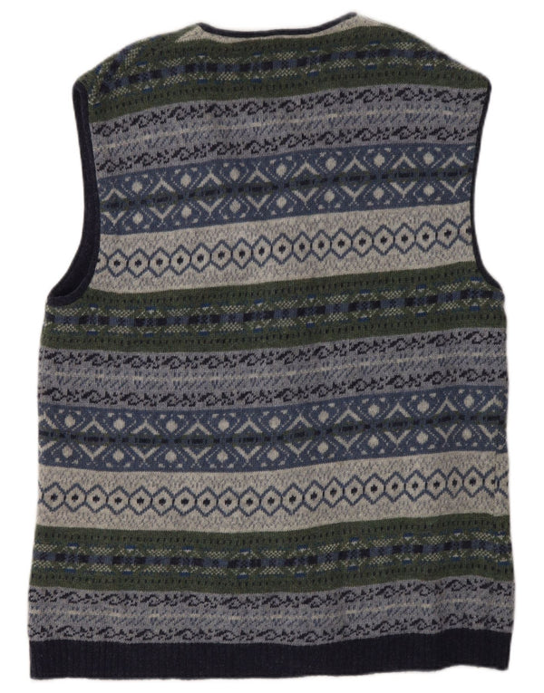 Vintage Mens Sleeveless Cardigan Sweater Large Multicoloured Fair Isle Wool