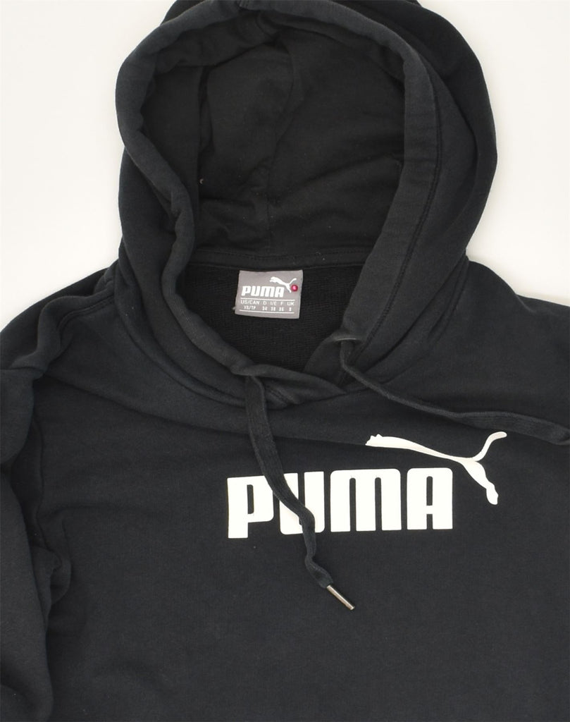 PUMA Womens Graphic Hoodie Jumper UK 8 Small Black Cotton | Vintage Puma | Thrift | Second-Hand Puma | Used Clothing | Messina Hembry 