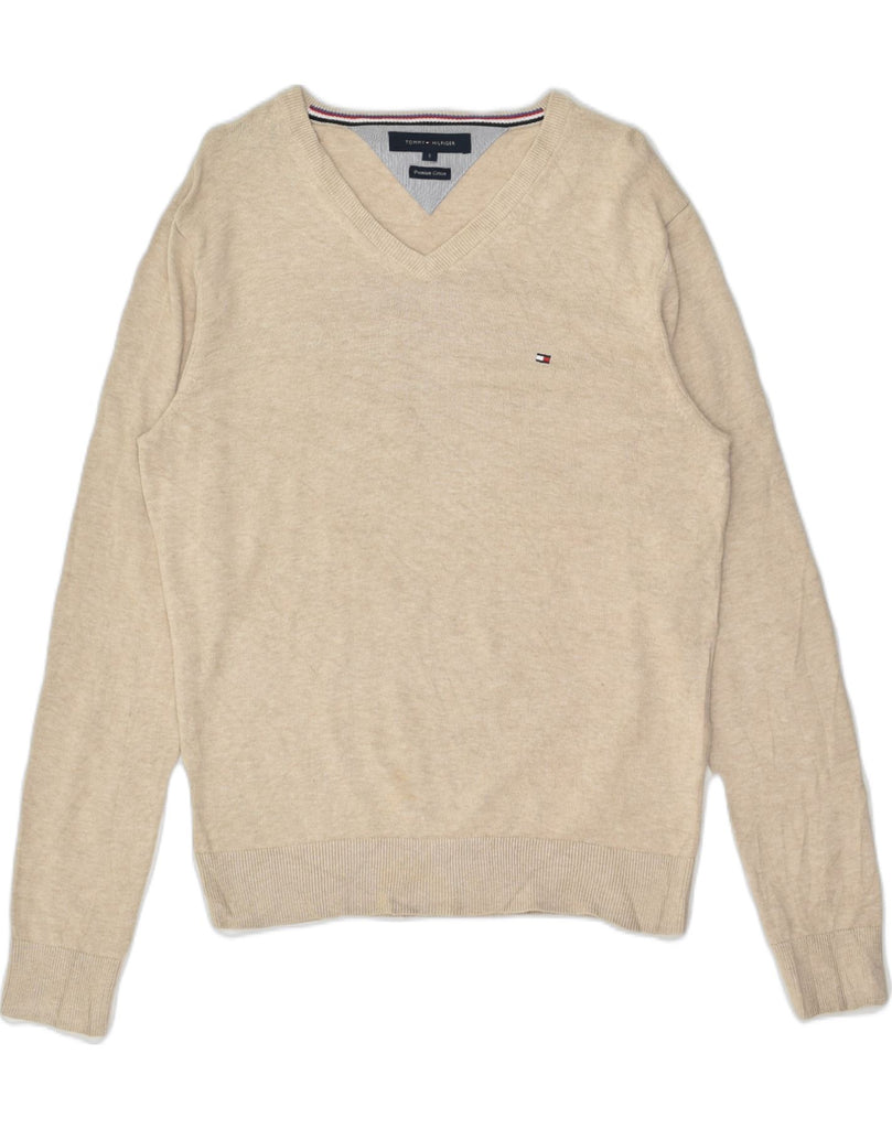 TOMMY HILFIGER Mens V-Neck Jumper Sweater Small Beige Cotton | Vintage Tommy Hilfiger | Thrift | Second-Hand Tommy Hilfiger | Used Clothing | Messina Hembry 