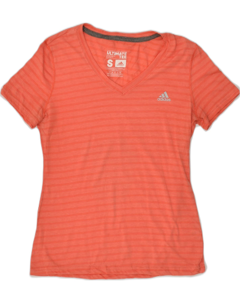 ADIDAS Womens T-Shirt Top UK 8 Small Orange Striped Polyester | Vintage Adidas | Thrift | Second-Hand Adidas | Used Clothing | Messina Hembry 