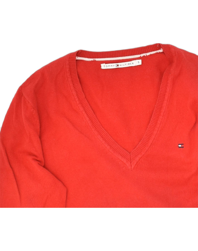 TOMMY HILFIGER Womens V-Neck Jumper Sweater UK 10 Small Red Cotton | Vintage Tommy Hilfiger | Thrift | Second-Hand Tommy Hilfiger | Used Clothing | Messina Hembry 