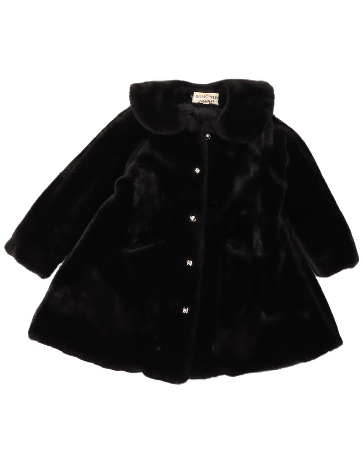 Vintage Girls Faux Fur Overcoat 8-9 Years Black Polyester