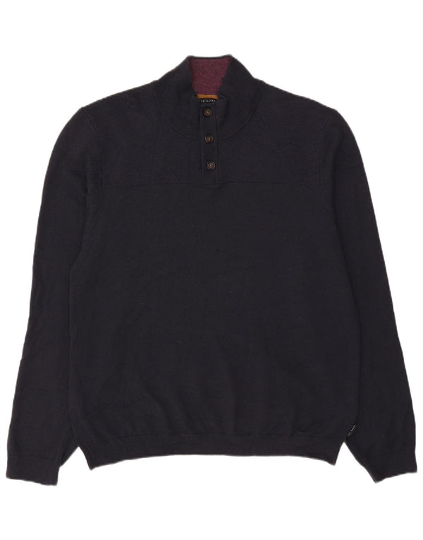 Ted Baker Mens Button Neck Jumper Sweater Size 7 3XL Navy Blue Virgin Wool