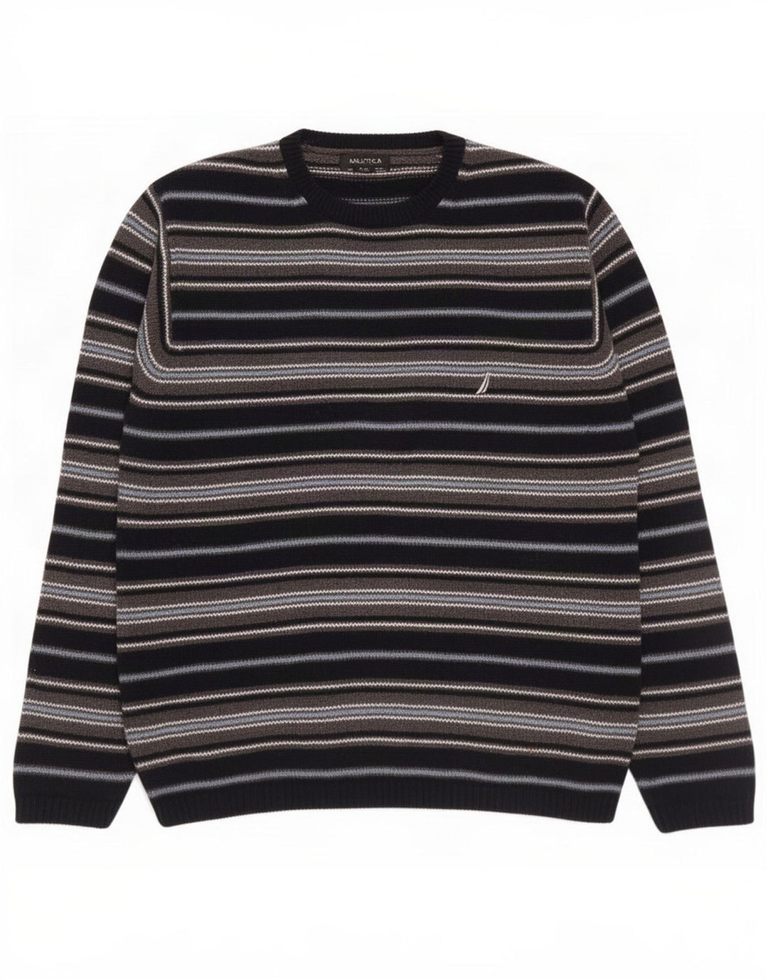 Nautica Mens Crew Neck Jumper Sweater Medium Navy Blue Striped Cotton