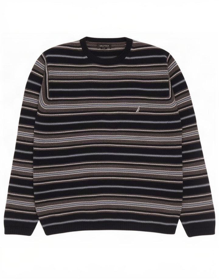 Nautica Mens Crew Neck Jumper Sweater Medium Navy Blue Striped Cotton