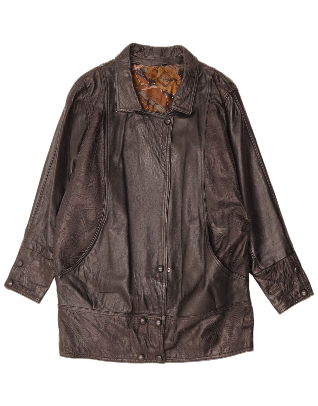 Vintage Womens Leather Coat UK 14 Large Black Geometric Leather