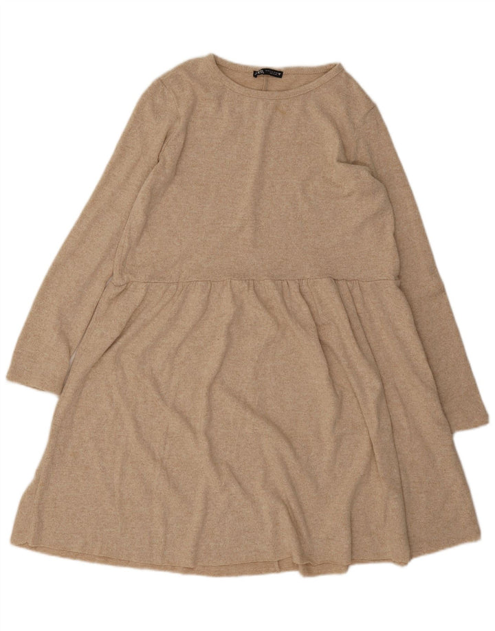 Zara Womens Long Sleeve Jumper Dress UK 12 Medium Beige Flecked Polyester