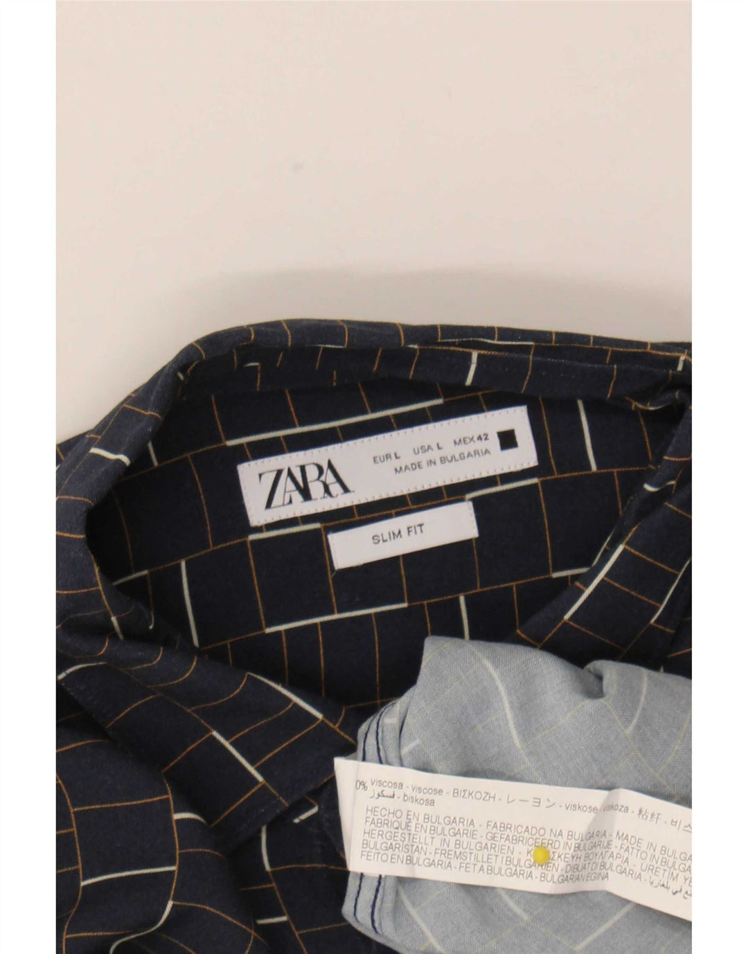 Zara Mens Slim Fit Shirt Large Navy Blue Check Viscose