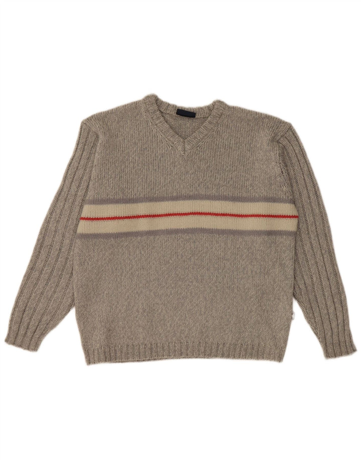 Tom Tailor Womens V-Neck Jumper Sweater UK 16 Large Grey Colourblock