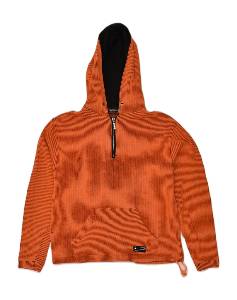 CHAMPION Womens Zip Neck Hoodie Jumper UK 16 Large Orange Striped Cotton | Vintage Champion | Thrift | Second-Hand Champion | Used Clothing | Messina Hembry 