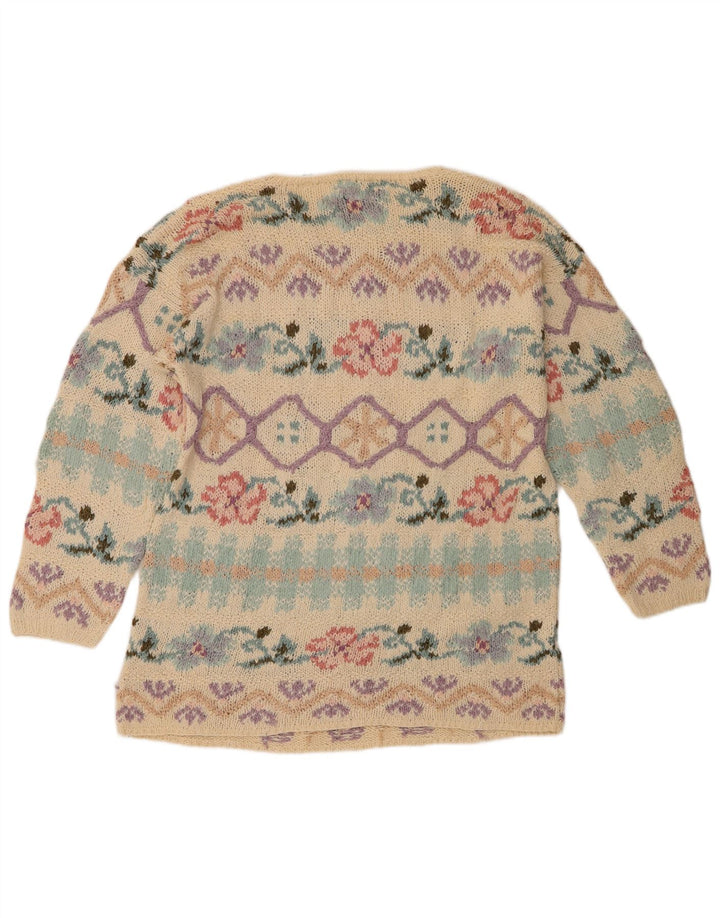 Express Womens Crew Neck Jumper Sweater UK 12 Medium Beige Floral Silk