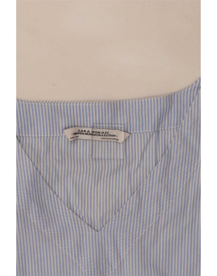 Zara Womens Crop Long Sleeve Blouse Top UK 14 Medium Blue Pinstripe